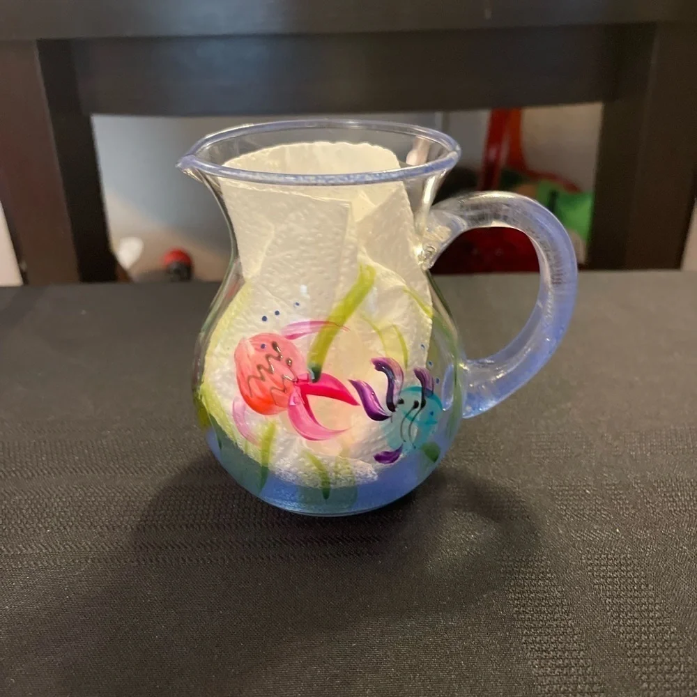 Small Hand Painted Blown Glass Pitcher Applied Handle Creamer W/Tropical Fish.